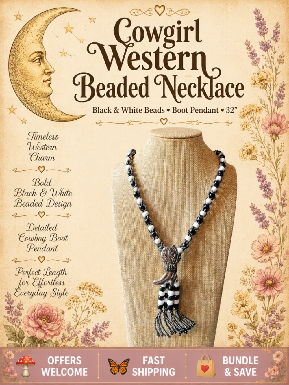 Handmade Western Beaded Necklace Black & White Cowgirl Boot Pendant 32”